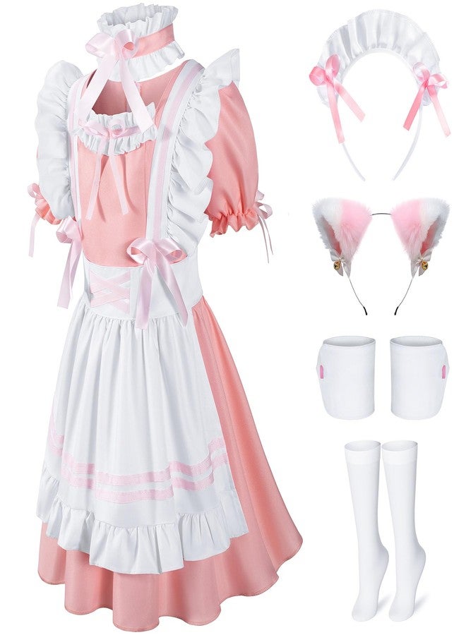 Irtysh Girls French Maid Costume Maid Apron Fancy Dress Halloween Outfit Cosplay Costume Accessories Set(PK 130) Pink - Image 1
